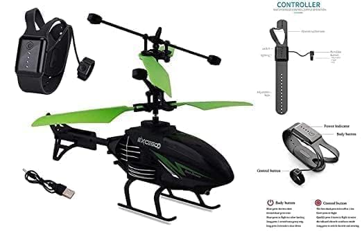 Image of Flying Toy Helicopter with Hand Gravity Sensor Watch | Remote Control RC Helicopter with 3D Lights & Safety Sensor | Rechargeable Aerial Toy for Kids 4+ - Pack of 1 (Color May Vary)