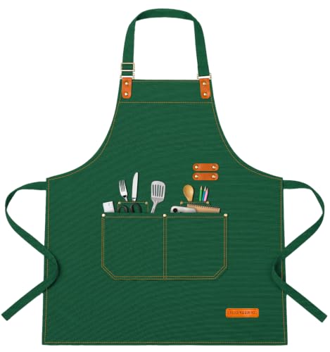 Teskyer Canvas Kitchen Apron with 4 Pockets, Green