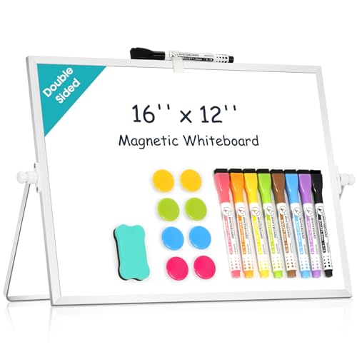 Image of Dry Erase Small White Board, 16 inch x 12 inch Magnetic Desktop Whiteboard Stand