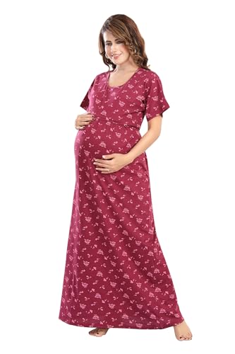 Image of Fabme Women's Full Length Printed Pre and Post Pregnancy Pure Cotton Nursing Nightdress Nighty
