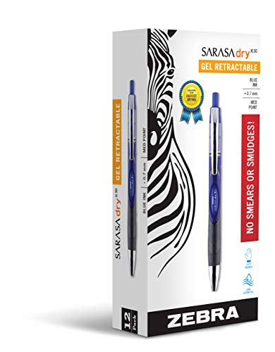Stylos roller rétractables Zebra Sarasa Dry X30 0.7mm encre gel bleue fluide lot de 12
