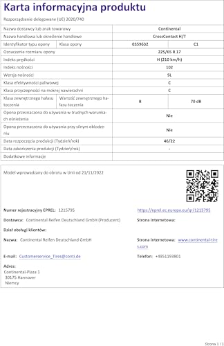 Continental - Crosscontact H/T - 225/65 R 17-102H/C/C/70Db - Tutte Le Stagioni - 5