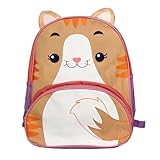 Mochila Infantil Escolar Tema Gato com Bolso Frontal e Bolsos Laterais – Laranja e Roxo