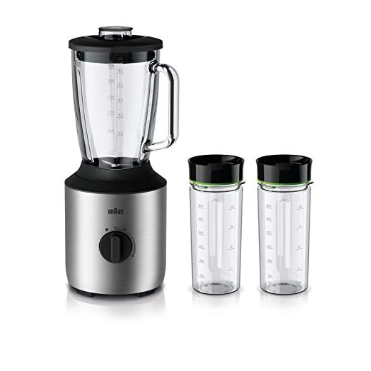 Braun JB 3272 SI PowerBlend 3 - Batidora de vaso (incluye 2 botellas Smothie2Go, recipiente de cristal de 1,5 l para ingredientes calientes y fríos, adecuada como picadora de hielo y batidora