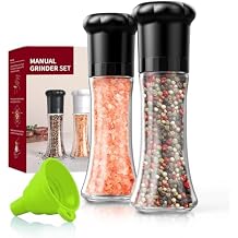 CIRCLE JOY Premium Manual Salt and Pepper Grinder Set, Refillable Salt and Pepper Shakers with Ceramic Blades, Adjustable Coarseness and BPA-free 180ml Glass Container, Tall Black