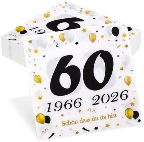 50 Stück Servietten 60. Geburtstag, Seutgjie 60 Geburtstag Deko 1966-2026 Diamantene Hochzeit Jubiläum Tischdeko Schwarz Gold Tisch-Deko Party Gedeckter Tisch