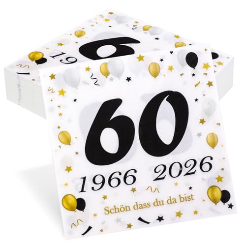 50 Stück Servietten 60. Geburtstag Seutgjie 60 Geburtstag Deko 1966-2026 Diamantene Hochzeit Jubiläum Tischdeko Schwarz Gold Tisch-Deko Party Gedeckter Tisch