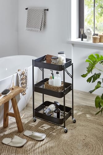 xonox.home – Rollwagen mit Rollen 44x78x31 cm in Schwarz – Praktischer Servierwagen mit 3 offenen Fächern – Mobil, vielseitig, geradlinig & ideal als Badregal oder Küchenhilfe