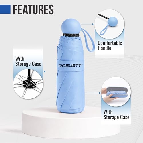 Image of Robustt Capsule Mini Foldable Travel Umbrella | Sky Blue | UPF 50+ UV & Rain Protection | 3 Fold Compact | for Women, Men & Kids | Windproof, Waterproof, Pocket-Size with Storage Case