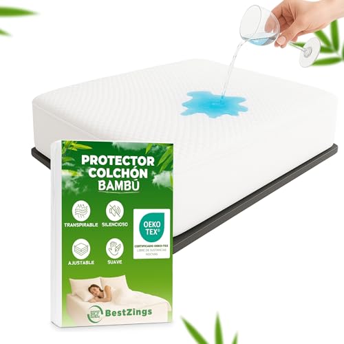 BESTZINGS Protector Colchón de Bambú Impermeable Ajustable Transpirable Termorregulador Suave Hipoalergenico Antiacaros OekoTex Silencioso Lavable Antimanchas para Adultos Niños Mascotas 160x200