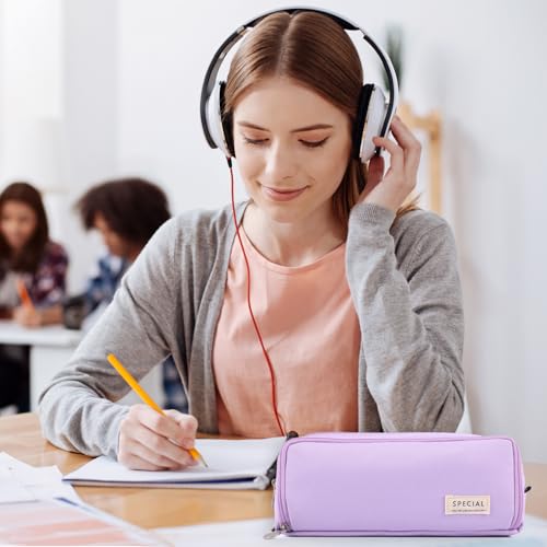 Image of MAMUNU Large Capacity Pencil Case, 3 Compartments Canvas Pencil Pouch with Zipper, Aesthetic Pencil Bag Pen Pouch for School Office Students Teen Girls Boys, Purple