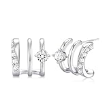 Roheafer 14K Gold Plated Triple Huggie Illusion Stud Earrings for Women 925 Sterling Silver Post Small Claw Earrings for One Hole Dainty Cubic Zirconia Studs Lightweight Jewelry Gift(S-Round)