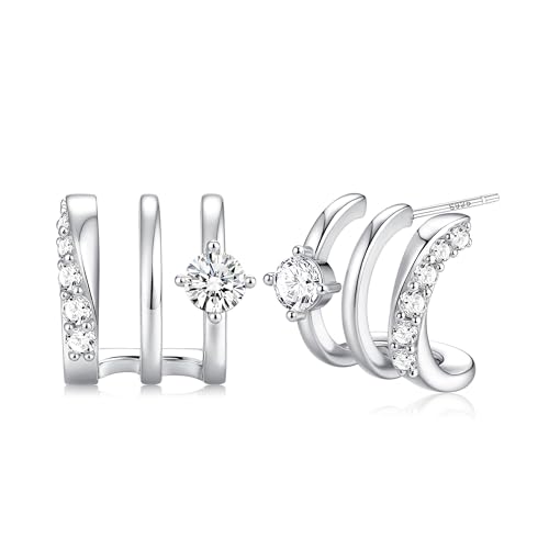 Roheafer 14K Gold Plated Triple Huggie Illusion Stud Earrings for Women 925 Sterling Silver Post Small Claw Earrings for One Hole Dainty Cubic Zirconia Studs Lightweight Jewelry Gift(S-Round)