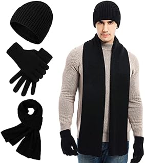 Micacorn Hat Scarf Gloves Set for Men 3 in 1 Winter Thermal Set Thickened Lining Knitted Pile Hat Touchscreen Gloves Long Scarf for Winter Outdoor