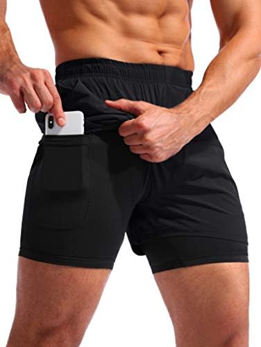 Pudolla Men’s 2 in 1 Running Shorts 5" Quick Dry Gym Athletic Workout Shorts for Men with Phone Pockets(Black X-Large)