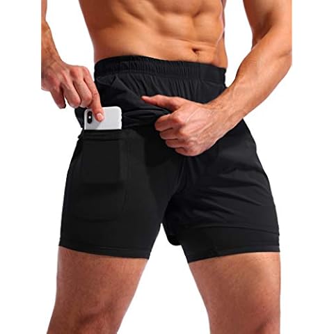 Pudolla Men’s 2 in 1 Running Shorts 5" Quick Dry Gym Athletic Workout Shorts for Men with Phone Pockets(Black Medium) Cover