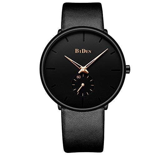 Mens Watch Ultra-Thin Quartz Analog Wrist Watch 30M Waterproof Fashion Minimalist with Leather Band - Black Gold