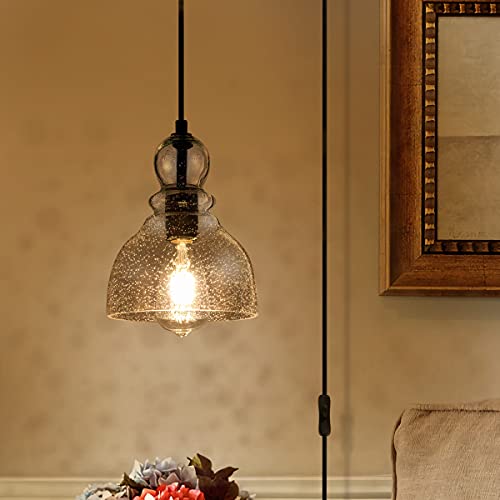 Lanros Swag Lights With 15.7 Ft Plug-In Cord And On/Off Switch, Handblown Clear Seeded Glass Shade Pendant Light For Bedroom Study Kitchen Sink Livingroom, Black, 7Inch, 1-Pack #TOP5