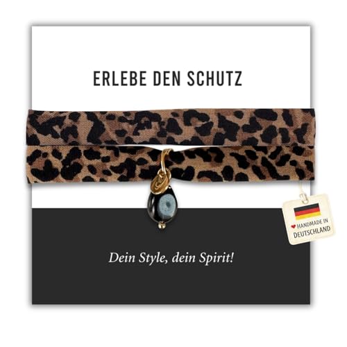happymaker - Leo Armband, Wickelarmband Damen im Leopardenmuster, Stoffband mit Edelsteinanhänger schwarzer Turmalin, als Choker, Halsband oder Armband, handmade in Deutschland