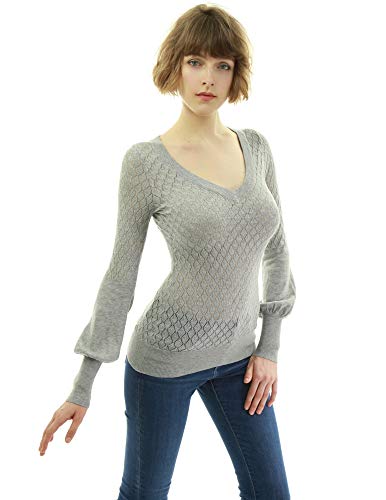 AmélieBoutik Women V Neck Semi Sheer Bishop Sleeve Sweater