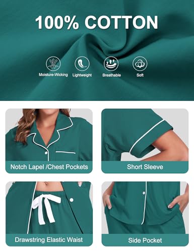 Image of COLORFULLEAF Women's 100% Cotton Pajamas Set Button Down Sleepwear Short Sleeve Shirt and Long Pants Soft Ladies Lounge Sets