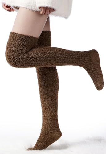 Image of Moon Wood Womens Thigh High Socks Long Soft Warm Leg Warmers Fuzzy Over Knee High Stockings Coral Fleece Plush Socks