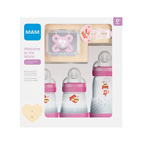 Mam Welcome To The World, Set cadeau avec 3 biberons anticooliques, Sucette - Rose