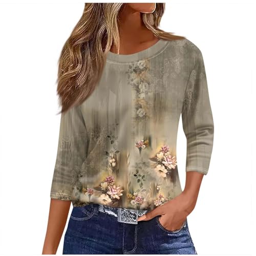 BXJX Womens 3/4 Length Sleeve Graphic Shirts Plus Size Crewneck Blouse Tops Dressy Casual Shirts Fall Fashion Clothes Women Shirts Khaki L