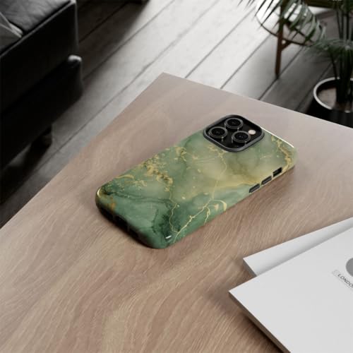 Coque rigide iPhone 14 Pro Max anti-rayures marbre brillant vert et doré - 4