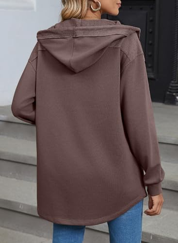 Image of SHEWIN Womens Shacket Casual Fall Jackets Hooded Loose Long Sleeve Tops Button Down Coat
