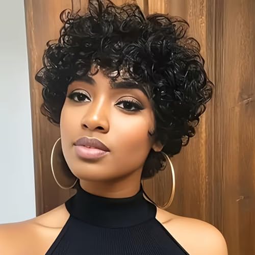 Kislemon Short Curly Bangs Wigs for Black Women Human Hair Curly Wig with Bangs Curly Bob Glueless Wig 150% Density