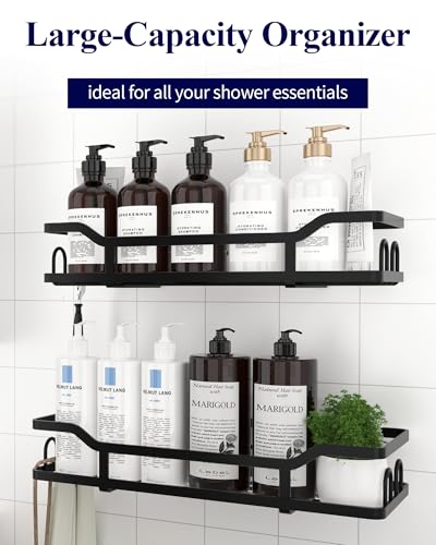 Image of Kitsure Shower Caddy - 2 Pack, No Drilling Shower Organizer with 8 Hooks, Rustproof Stainless Steel Shower Shelf for Inside Shower, Wall Mounted Shower Rack for Bathroom, Kitchen, Black