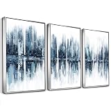 Abstract Wall Art for Living Room - Textured Blue City Skyline Canvas Wall Painting for Modern Livin