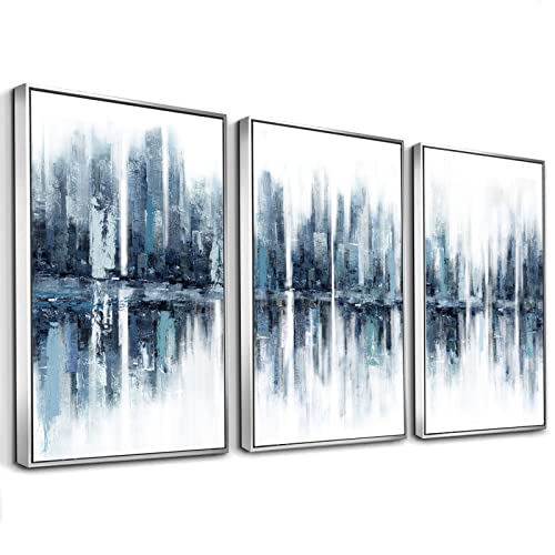 Abstract Wall Art For Living Room - Textured Blue City Skyline Canvas Wall Painting For Modern Living Room, Bedroom Decor, Framed, 16" X 24" X 3Panel #TOP8