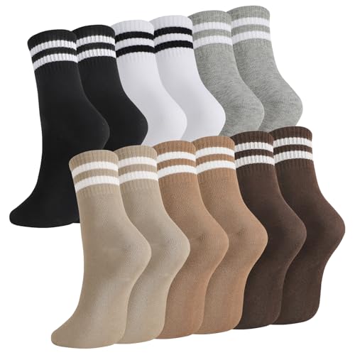 Utensilsto 6 Paare Socken Herren Damen, 35-38 Sportsocken Tennissocken Streifen Baumwolle Sport Socken für Damen Herren, Schwarz, Weiß, Grau, Braun, Dunkelbraun, Khaki