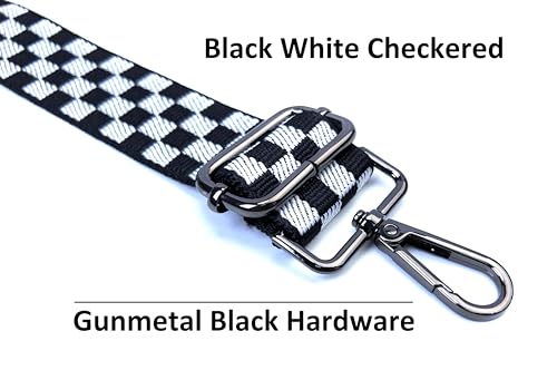 Image of Black White Checkered Purse Strap with Gunmetal Black Hardware 1-1 /2 Inch Wide Replacement Crossbody Guitar Style Shoulder Strap for Handbags Totes