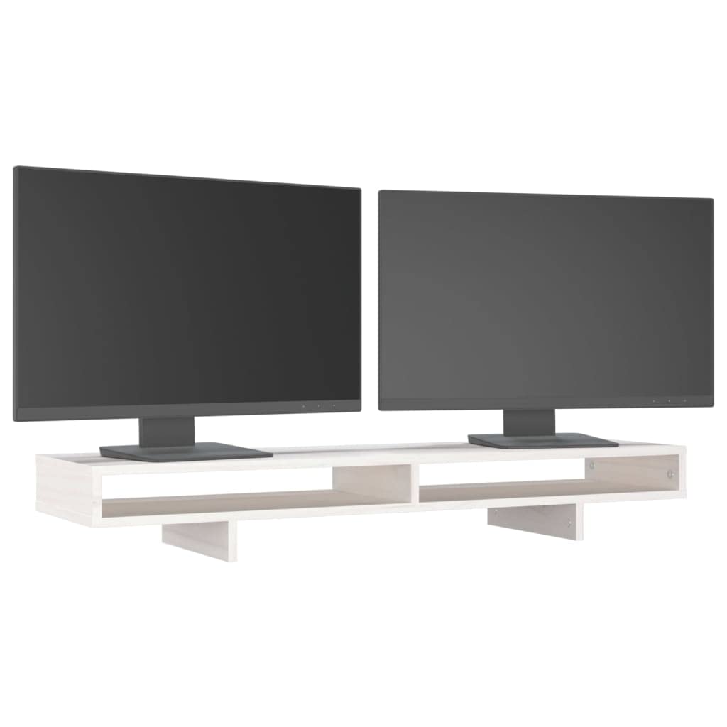 Supporto per monitor bianco in legno di pino massiccio, 100 x 27 x 14 cm, supporto da scrivania per computer, laptop, schermo e notebook, organizer con ripiano per ufficio, home office e