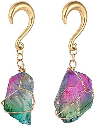 Rainbow Stone Hanging Ear Gauges w/Gold Hooks - Pair of Stone, Weighted Ear Plugs - 3 Size Options