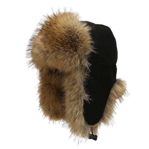 APXXAIBO Faux Fur Winter Hat - Thickened Windproof Ear Protection Cap for Skiing Outdoor (Black,one Size fits All)
