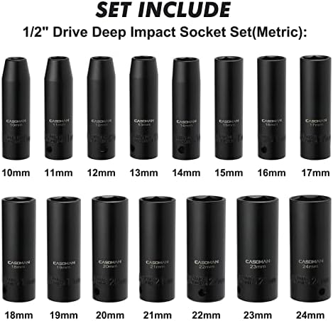 CASOMAN 18PCS 1/2" Drive Impact Socket Set, Deep, Cr-V Steel, Metric