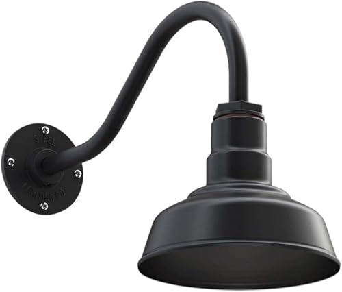 Steel Lighting Co. Hawthorne - Luz de granero  Montada en la pared al aire libre  Domo de 8 pulgadas  Cuello de cisne de 16 pulgadas  Luz pequeña de