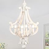 Wooden Farmhouse Chandelier 4 Lights Rustic Antique White Chandeliers for Dining Room French Country Chandelier Orb Pendant light Fixtures Hanging for Kitchen Living Room Foyer Bedroom Entryway