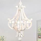 Wooden Farmhouse Chandelier 4 Lights Rustic Antique White Chandelier for Dining Room French Country Chandelier Orb Pendant light Fixtures Hanging for Kitchen Living Room Foyer Bedroom Entryway Hallway