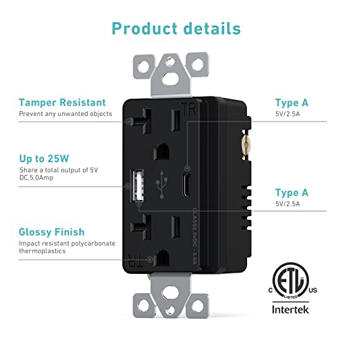 Webang Usb Wall Outlet, Charger Outlet With 5.0 Amp Type A & Type C Usb Ports, 20A Duplex Tamper Resistant Receptacle, Screwless Wall Plate Included, Etl Listed, Black, 6 Pack #TOP2
