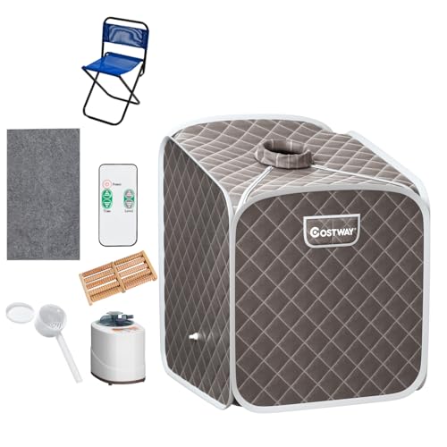 COSTWAY Sauna a Vapore Portatile con Telecomando, Cabina Sauna a Vapore Pieghevole con Sedia e 9 Livelli di Temperatura, Telaio in metallo (Grigio)