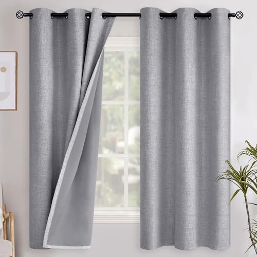 YoungsTex Grey Linen Blackout Curtains 63 Inch Length for Bedroom,
