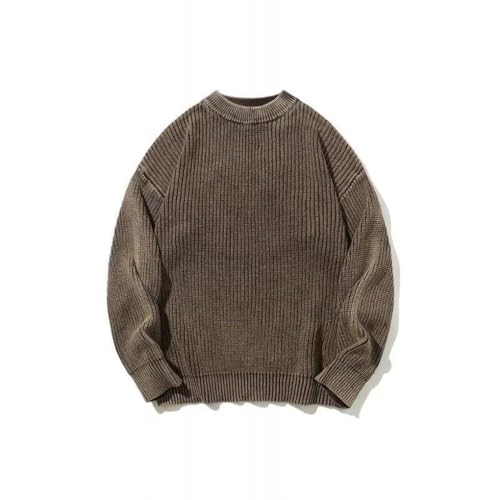 Mens Solid Round Neck Sweater Loose Fit Coffee Long Sleeve Knitted Pullover Tops Fall2