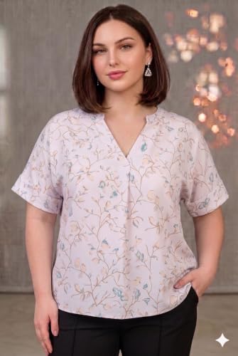 Image of SINDOORI Relaxed Fit Tops for Women Plus Size Solid Printed Mandarin Collar, Band Collar, V-Neck Top, Half Sleeve Loose Fit