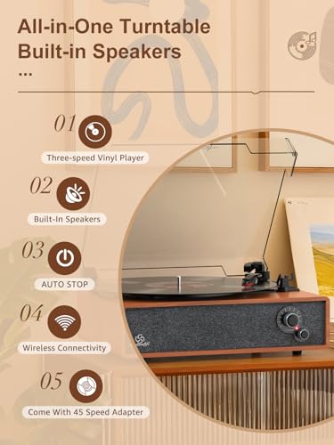 Image of Vinyl Record Player Vintage Turntable for Vinyl Records LP Phonograph Auto Stop Tone Adjustment Belt Drive 3 Speed 3 Size Support Wireless Input RCA Output Retro Walnut Red Brown