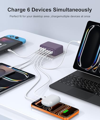 Image of Fast Charger Block, GaN 6 Port USB C Charging Station Hub Cube, 100W Multiport Type C Wall Charger Power Strip Plug with PD 3.0+QC for iPhone 16 15 14 13 12 1 Pro Max XR XS 8 7, Samsung, iPad, Table